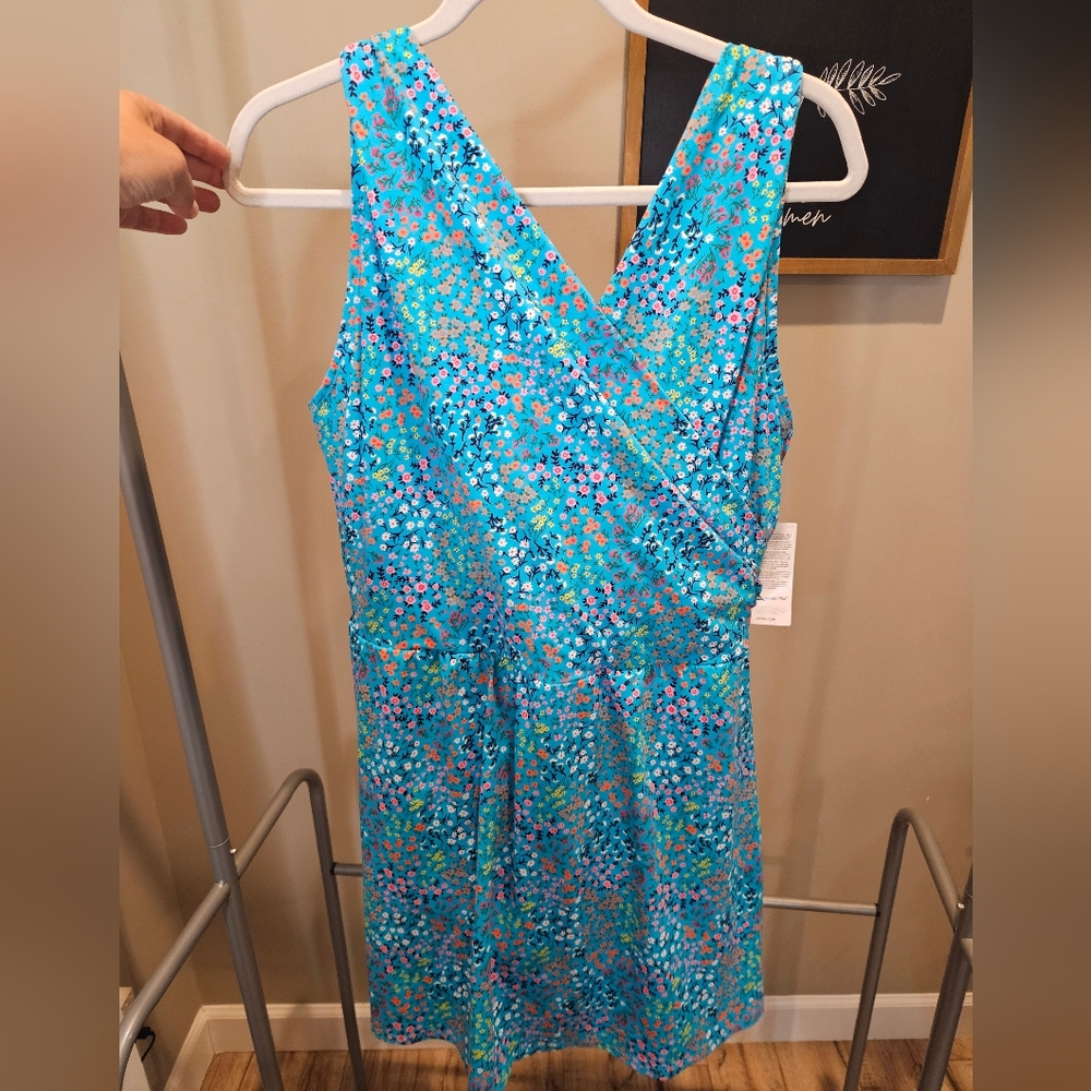 Lands End Women Tummy Control Surplice Wrap Swimdress Size 20W Plus Blue Flowers